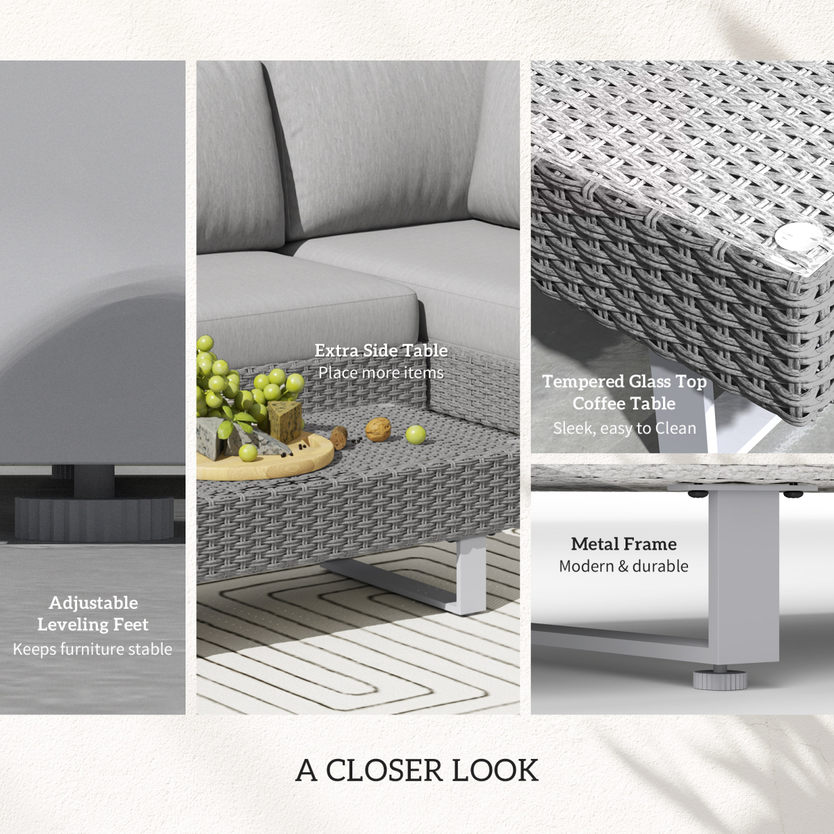 Outsunny 3-Piece Rattan Outdoor Sofa Set with Cushions & Tea Table, Light Grey