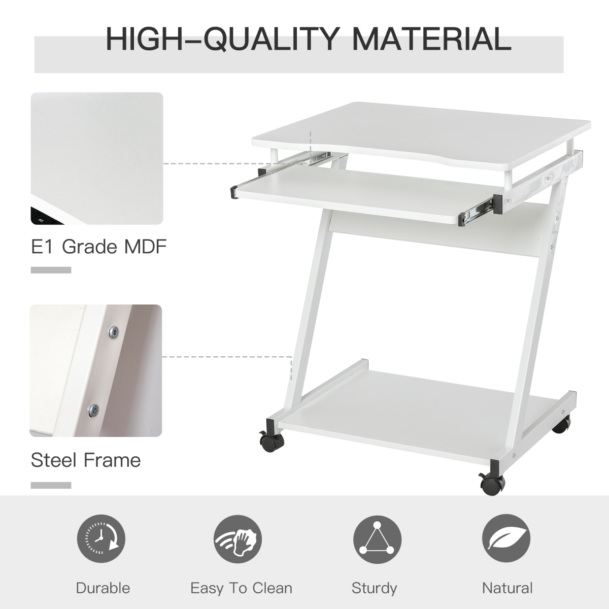 HOMCOM Computer Desk with Sliding Keyboard Tray, 4 Wheels, Bottom Shelf, White