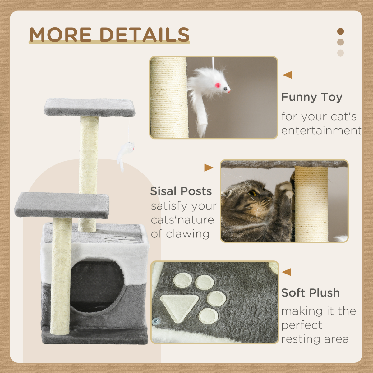 PawHut Grey Cat Tree with Sisal Posts, House, Perches & Toy Mouse