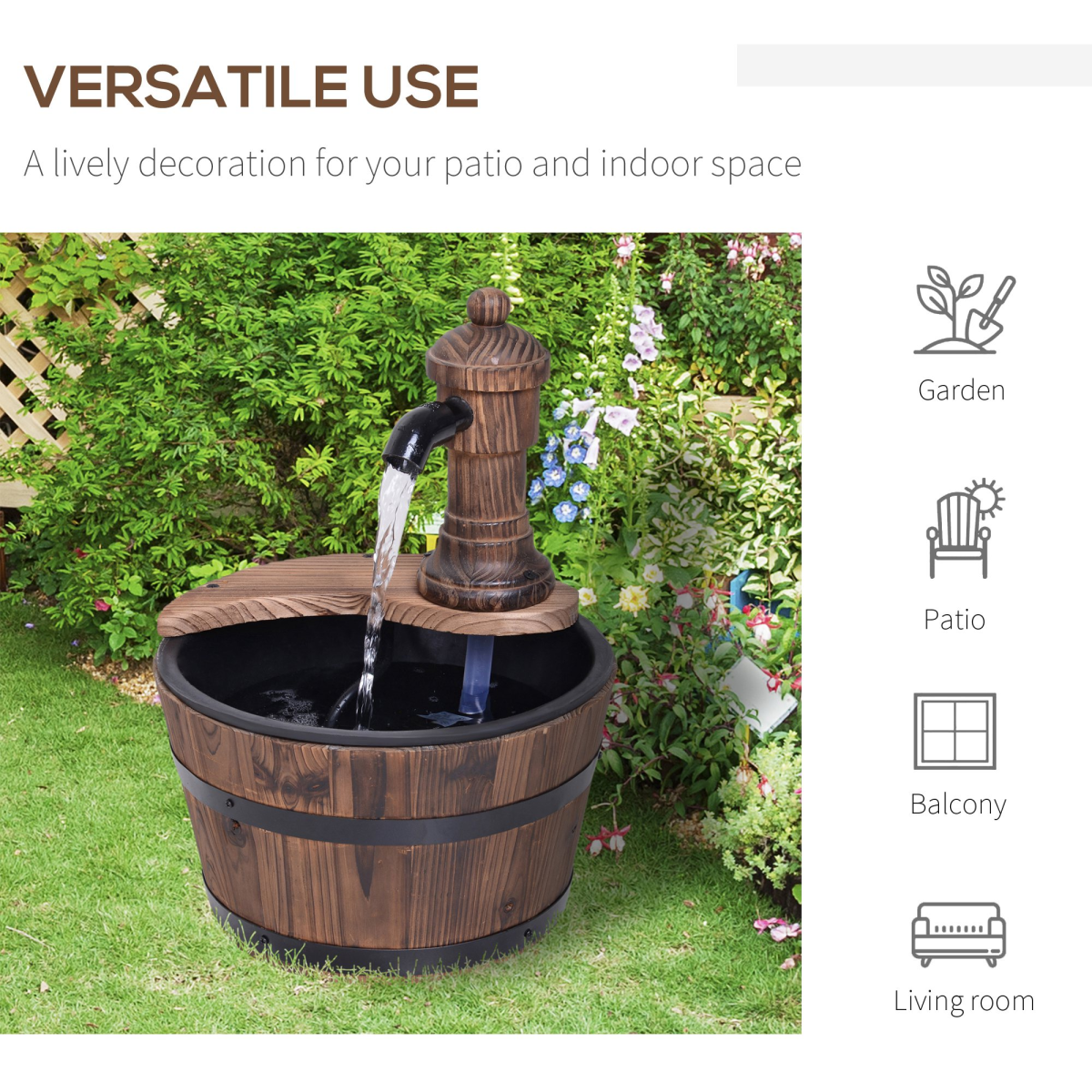 Outsunny Rustic Wooden Barrel Water Fountain with Electric Pump, Garden Planter and Ornament