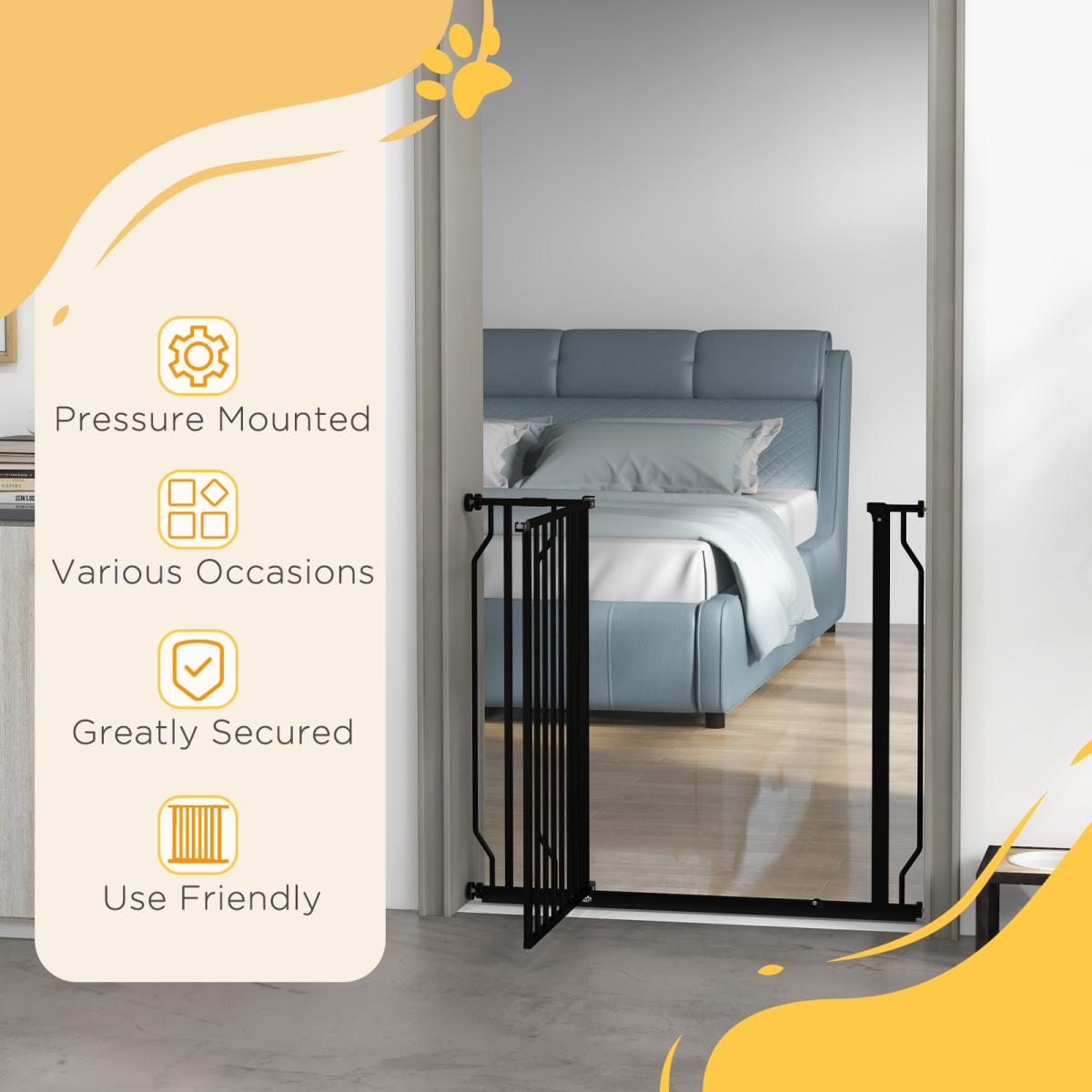 PawHut Adjustable Dog Gate with Door, Pressure Fit, 75-95 cm, Black