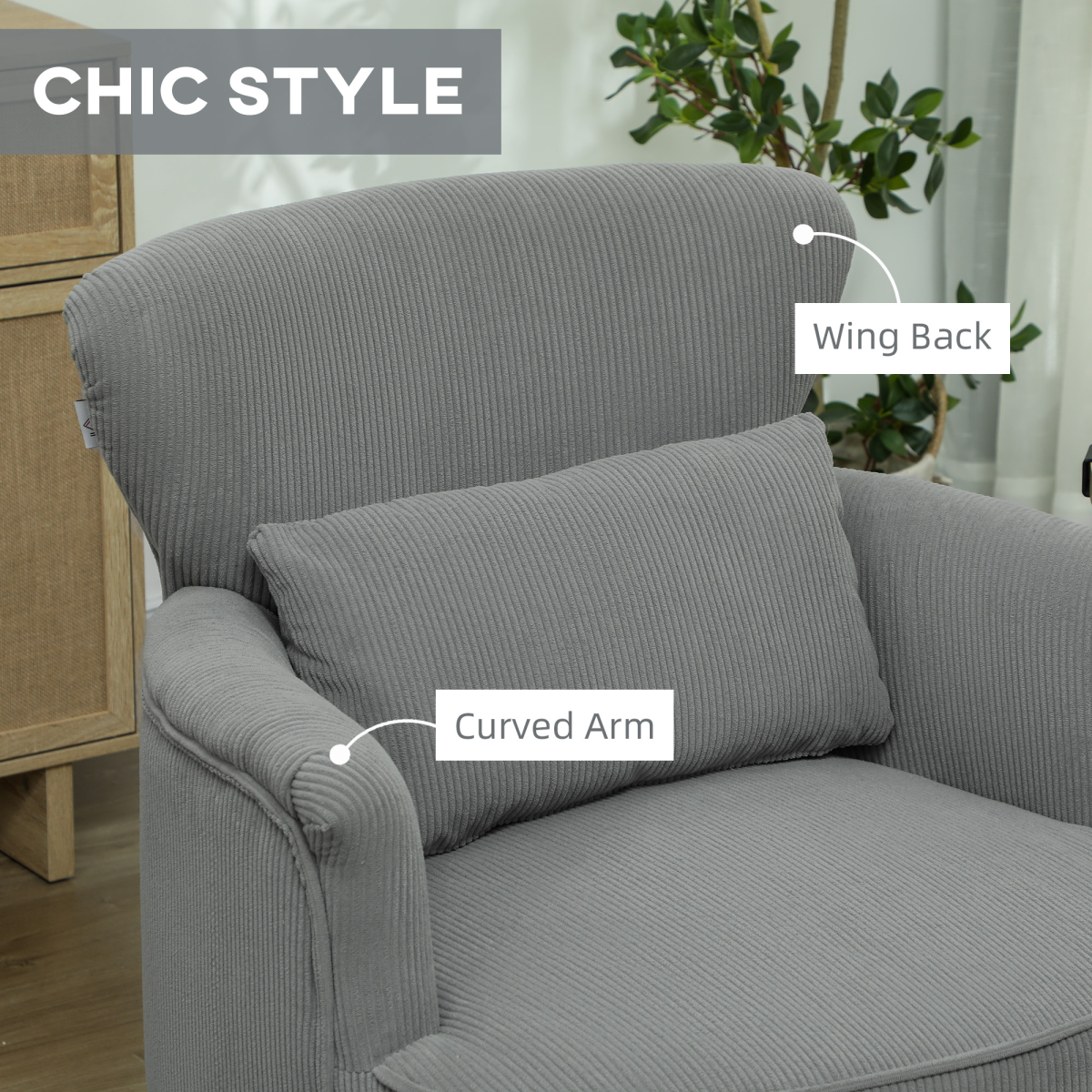 HOMCOM Wingback Corduroy Armchair with Padded Seat, Light Grey
