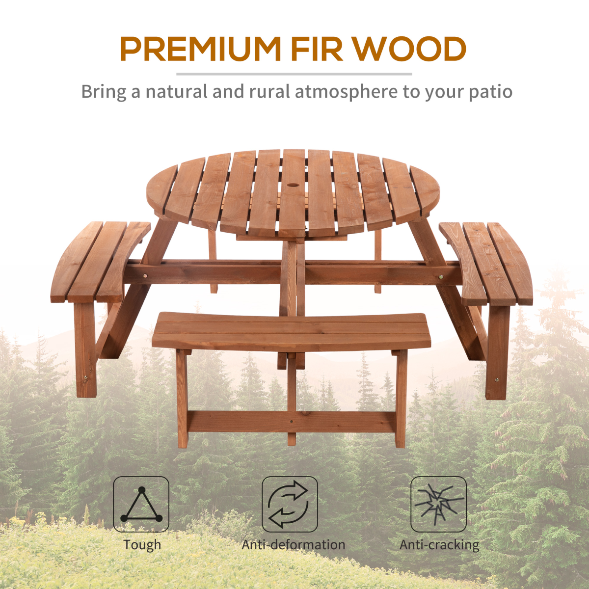 Outsunny 8-Seater Fir Wood Picnic Set with Parasol Attachment Hole