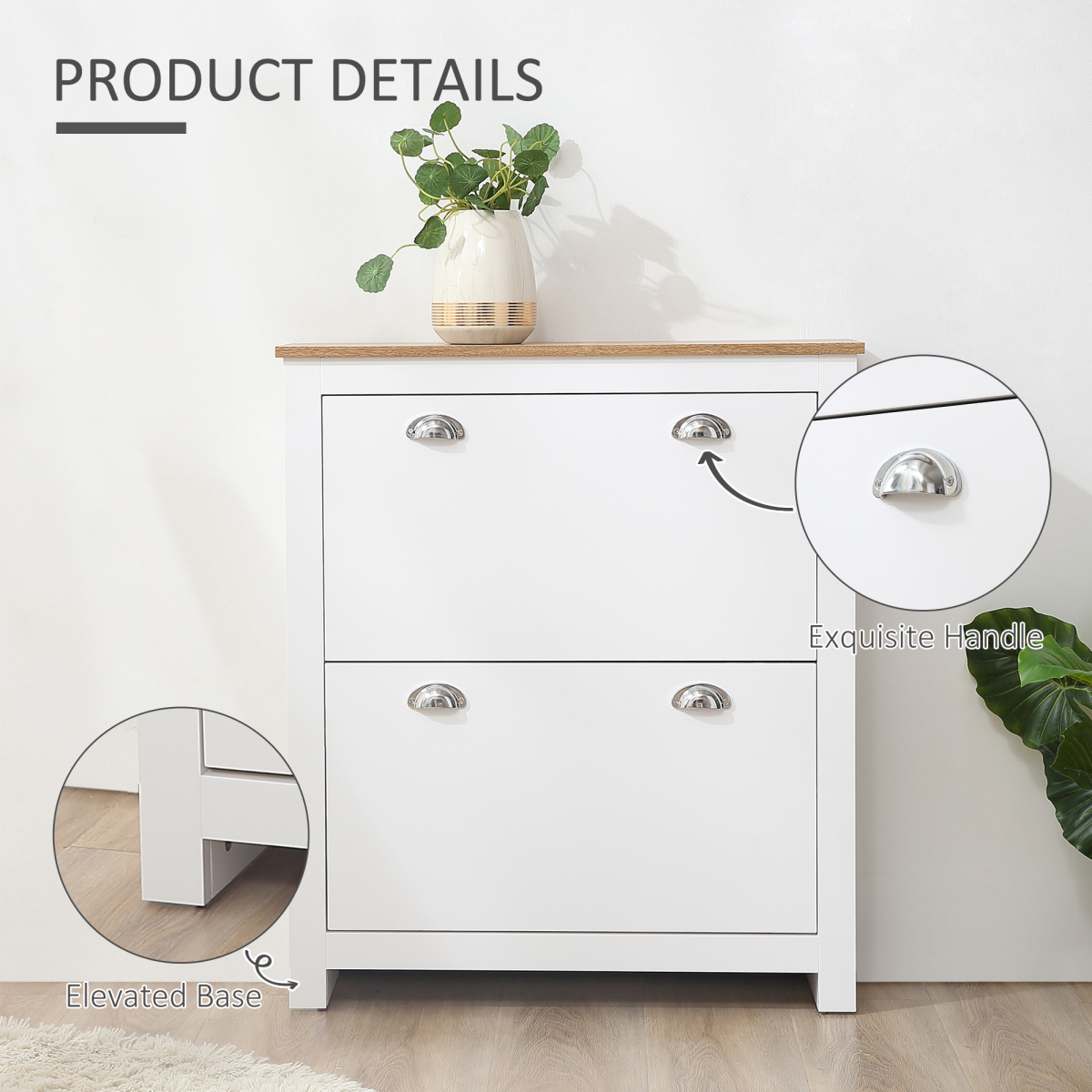 HOMCOM White Narrow Shoe Cabinet with 2 Flip-Down Drawers