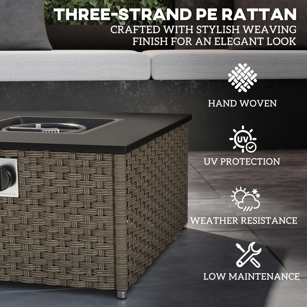 Outsunny 13KW Grey Rattan Gas Fire Pit Table with Lid