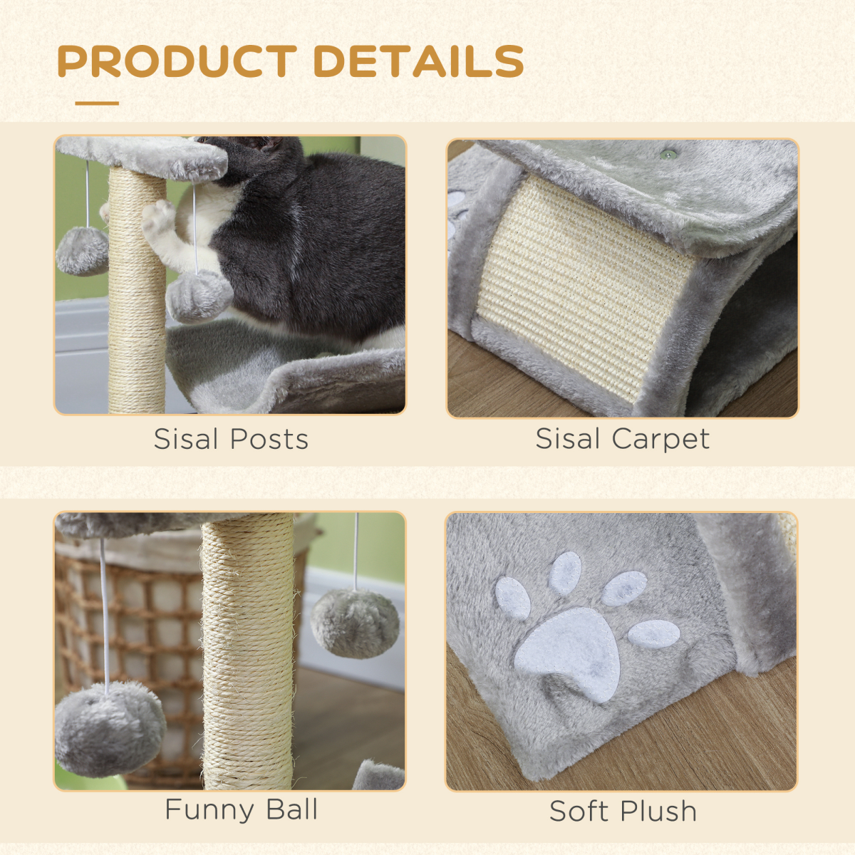 PawHut Small Cat Play Tower Plush Scratcher with Tunnel, Scratching Bridge and Dangling Balls