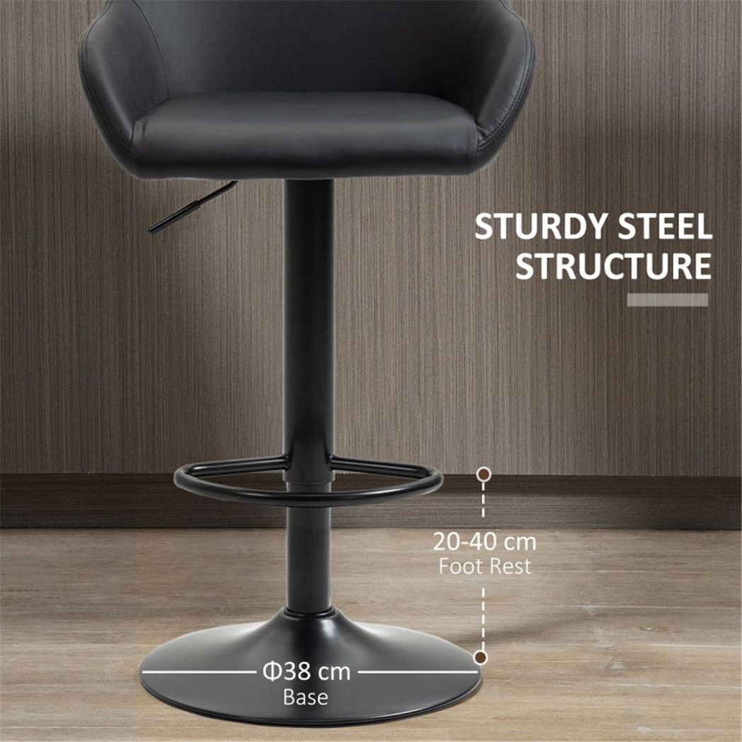Set of 2 Black Adjustable Swivel Bar Stools with Footrest, PU Leather and Steel Base