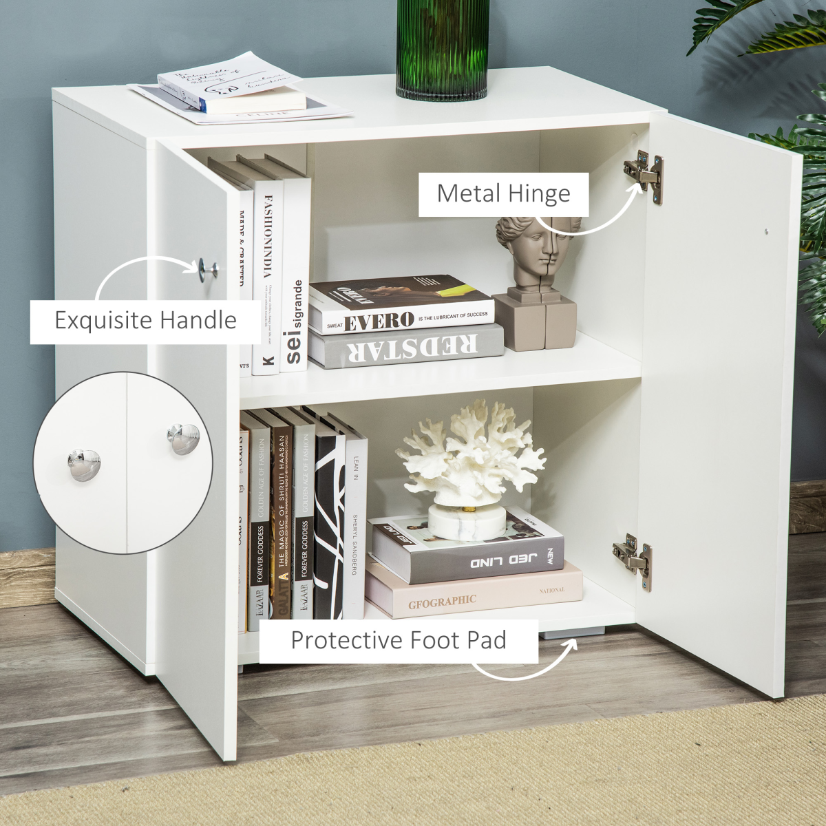 Freestanding Storage Cabinet with 2 Shelves, Wooden Sideboard, White