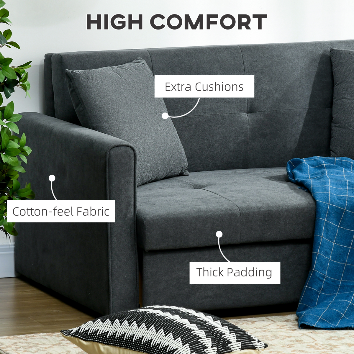 HOMCOM 2 Seater Convertible Sofa Bed with Storage & 2 Cushions, Dark Grey