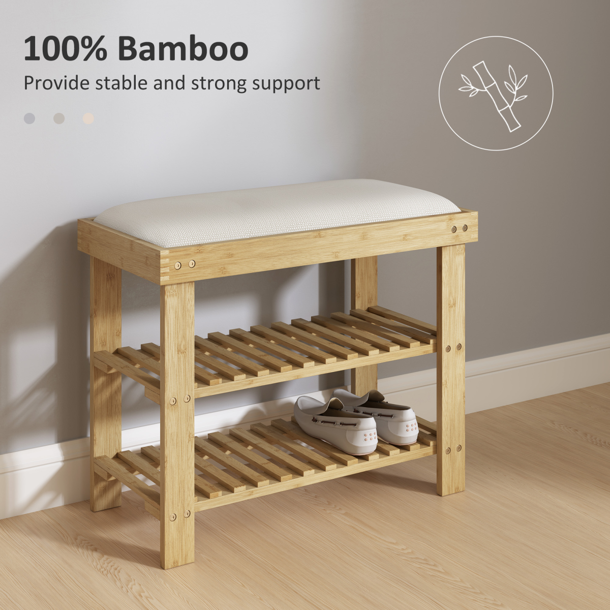 HOMCOM Bamboo 2-Tier Shoe Storage Bench with Cushion, Cream White