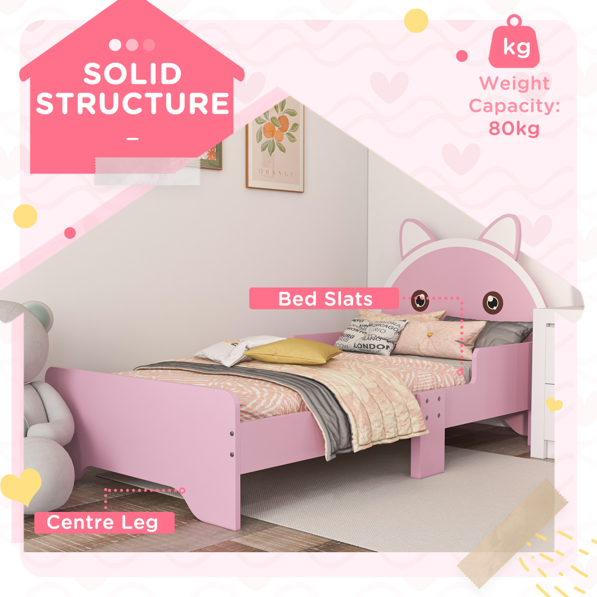 ZONEKIZ Toddler Bed Frame, Cat Design Kids Bed with Guardrails, Pink
