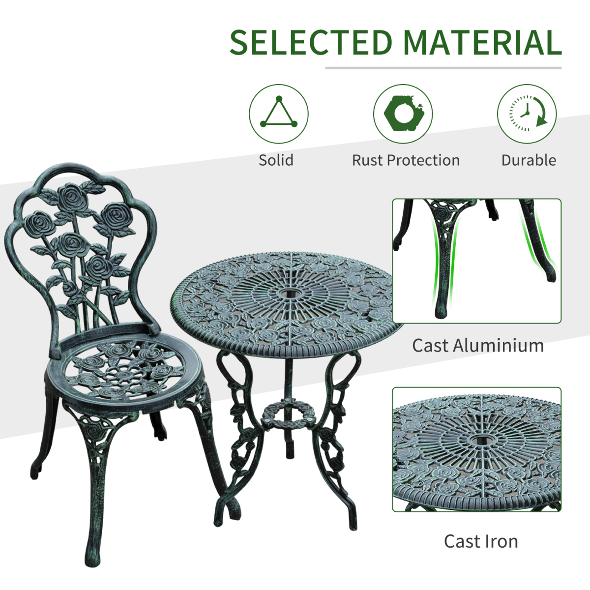 Outsunny 3-Piece Cast Aluminum Bistro Set, Antique Green