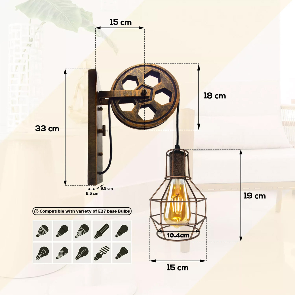 Industrial Pulley Wheel Wall Light, Brushed Copper, E27