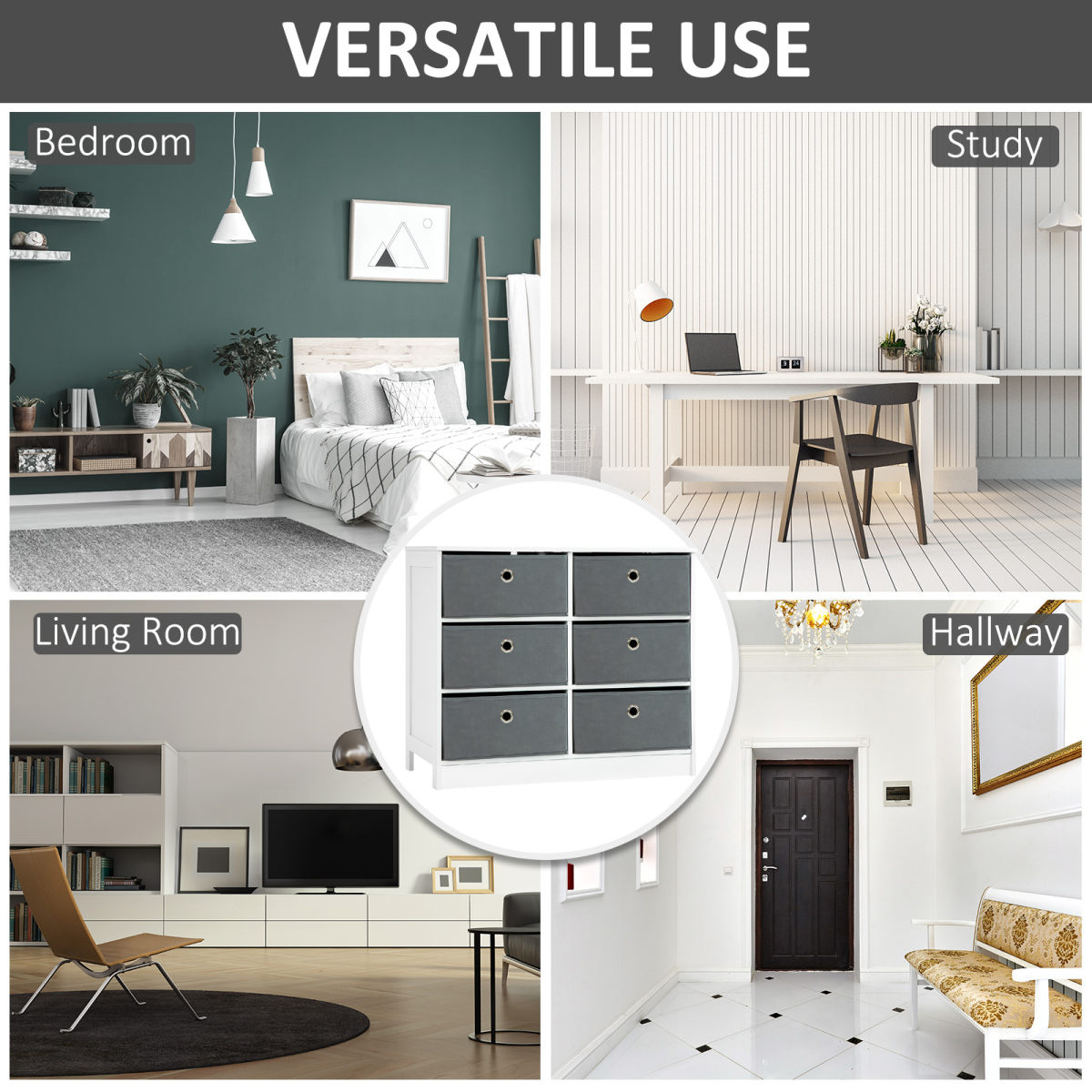HOMCOM Fabric Dresser Storage Cabinet with 6 Drawers, White and Grey, Sturdy MDF Structure, Flat Top Storage?