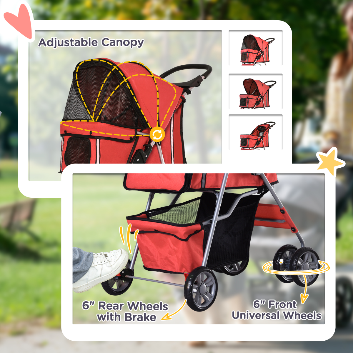 PawHut Foldable 4-Wheel Pet Stroller Carrier for Small Dogs and Cats, Steel Frame, Oxford Cloth, Basket, Cup Holder, Brake