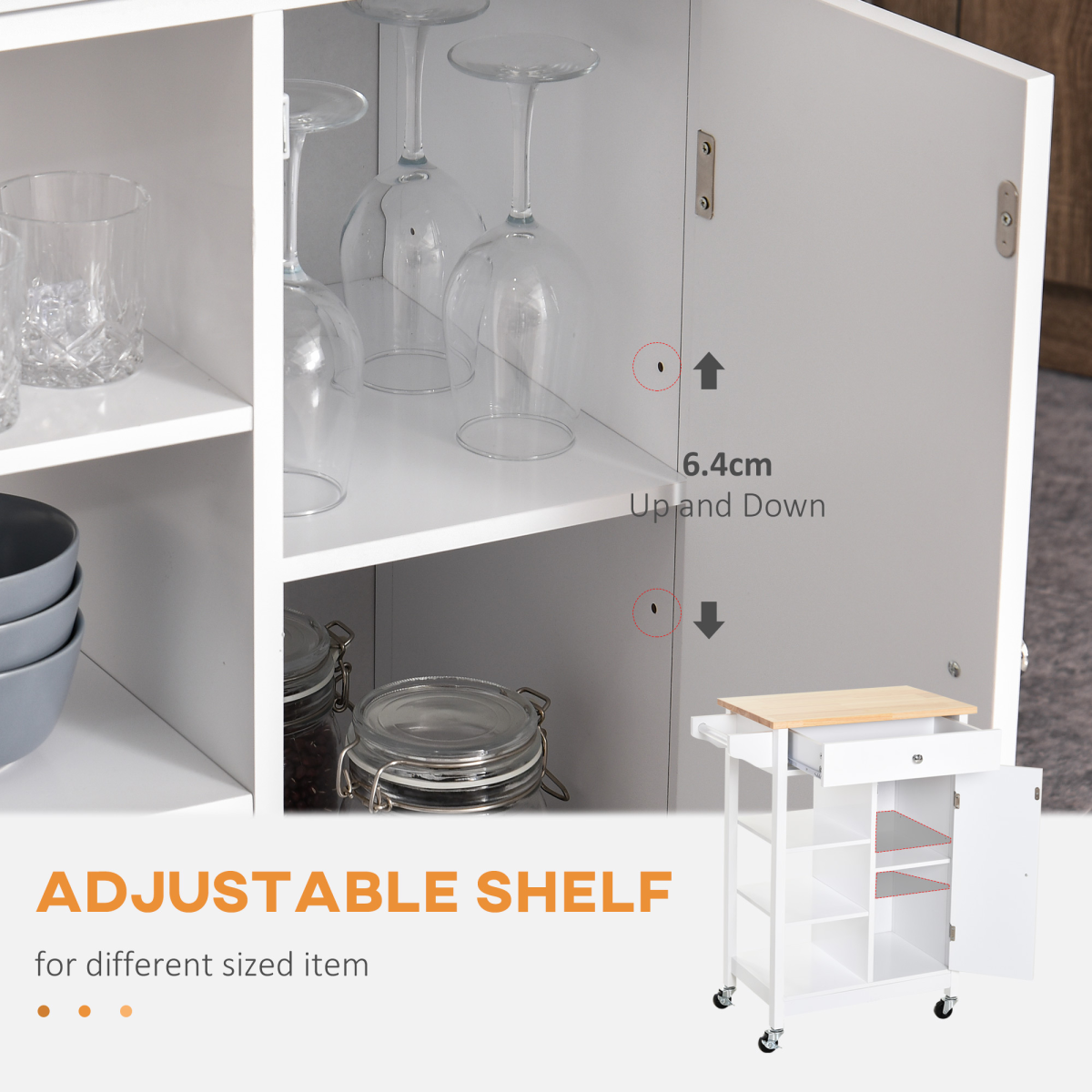 HOMCOM White MDF Kitchen Storage Trolley with Drawer, Open Shelves, Cabinet, Adjustable Shelf and Hanging Rail, Rolling Wheels