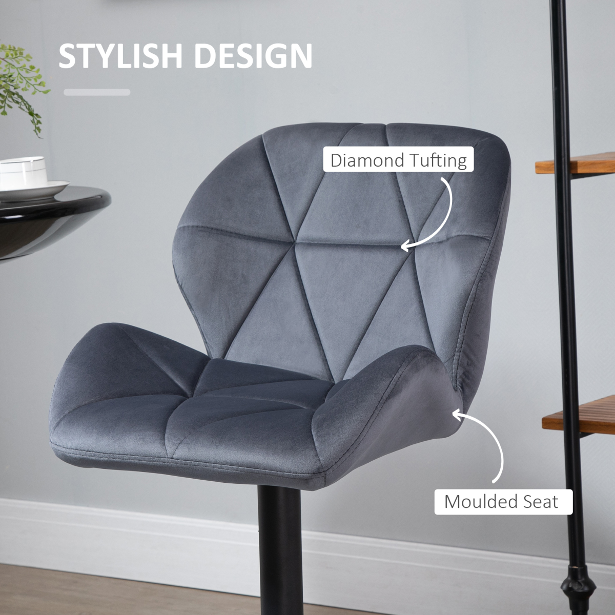 HOMCOM Set of 2 Adjustable Height Fabric Bar Stools Dark Grey