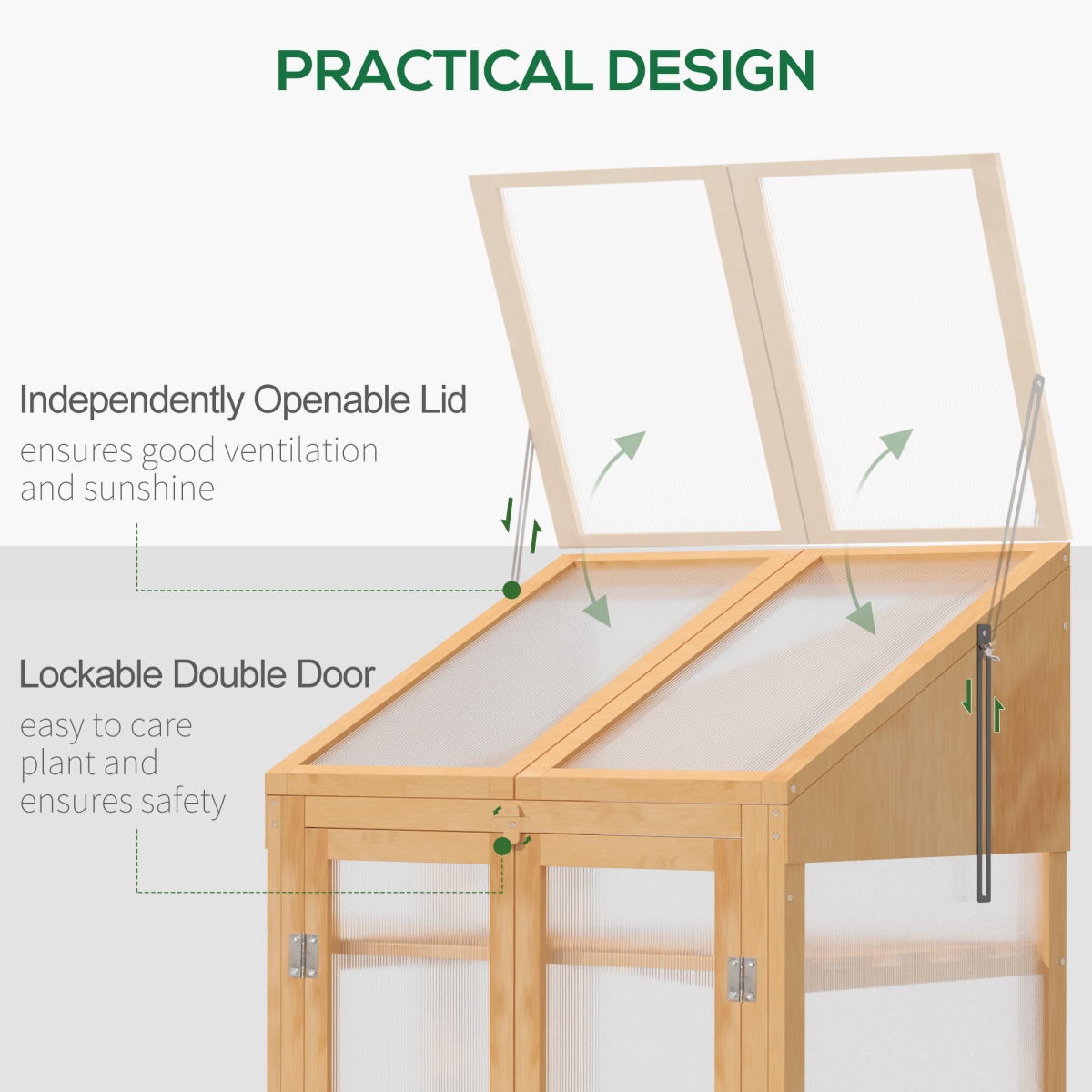 Outsunny Wooden Greenhouse Cold Frame with Polycarbonate Panels, Double Doors, Removable Shelves, Brown, 70x50x120cm