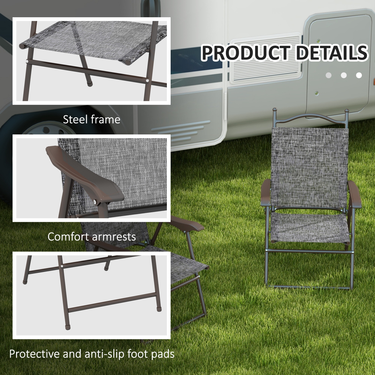 Outsunny Set of 2 Folding Chairs with Armrests, Breathable Mesh Seat, Grey