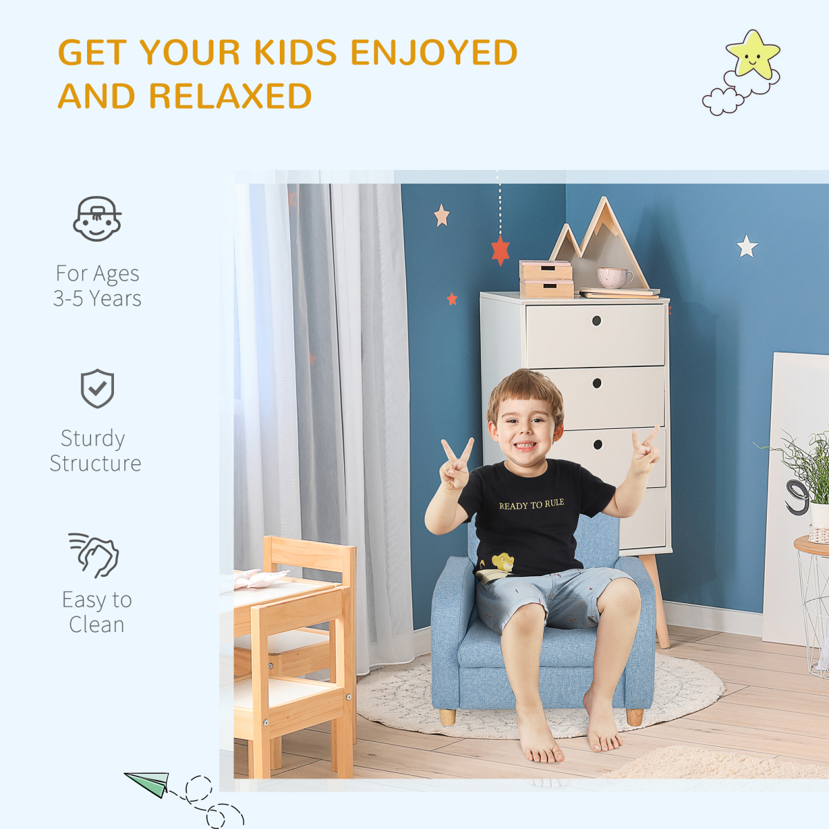 HOMCOM Blue Kids Wooden Armchair with Cushion, 3-6 Years