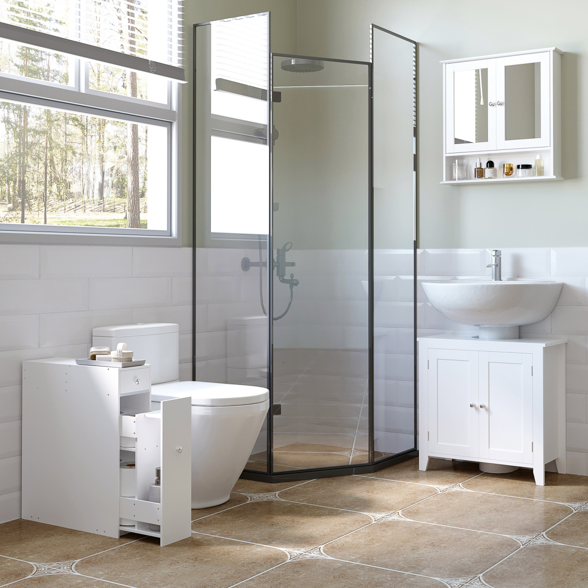 Slim White Bathroom Floor Cabinet with Large Drawer, Slide-Out Drawer and Top Tray, 58 x 17 x 48 cm