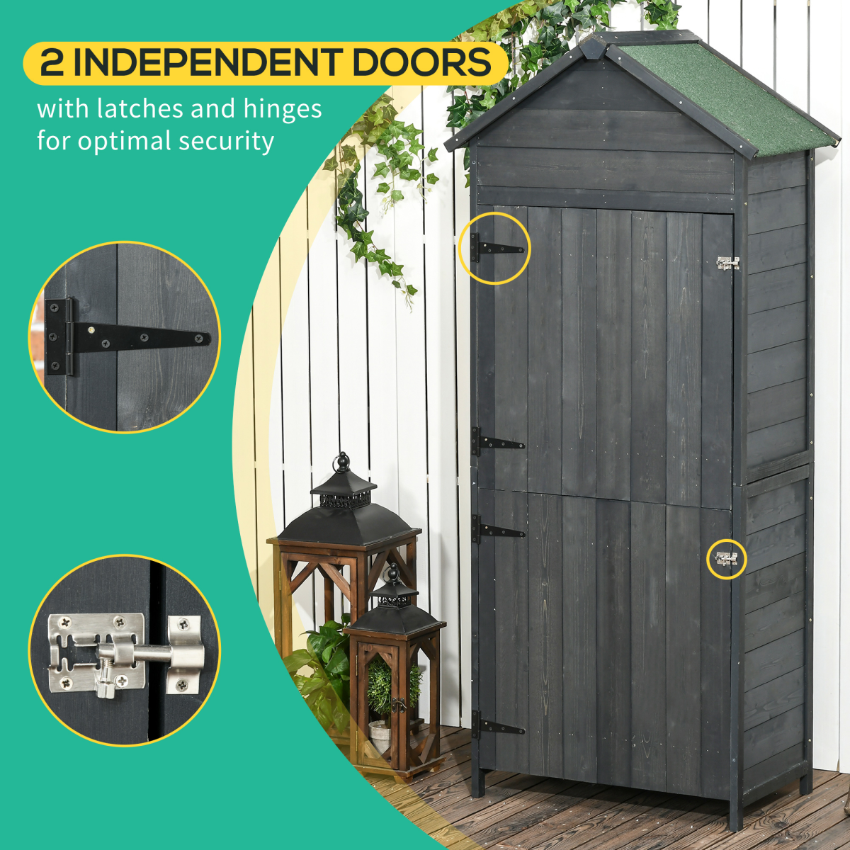 Outsunny Wooden Garden Storage Cabinet with 3 Shelves, Grey, Locking