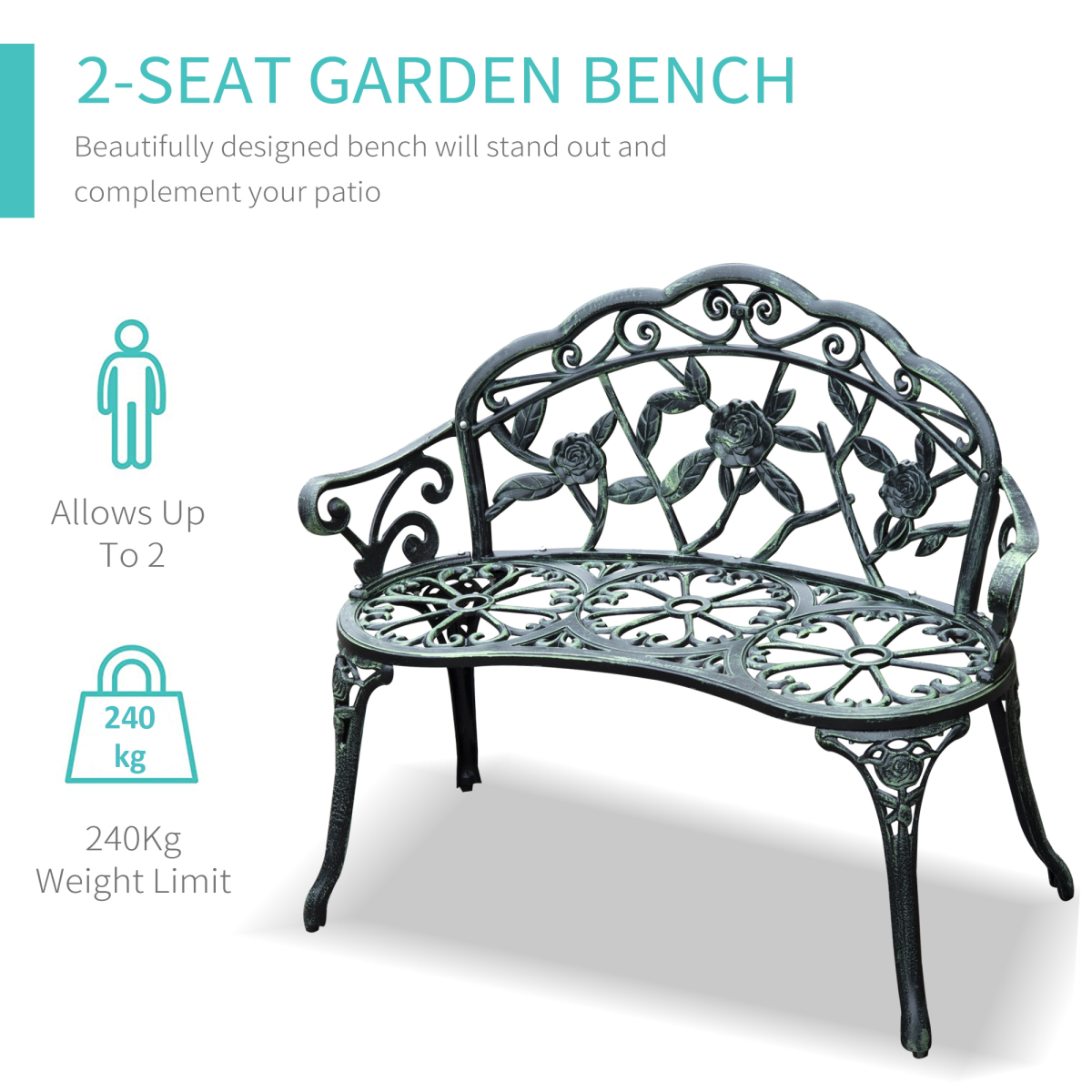 Outsunny Antique Style Cast Aluminum Garden Bench with Curved Back, Rose Pattern, Verdigris Finish