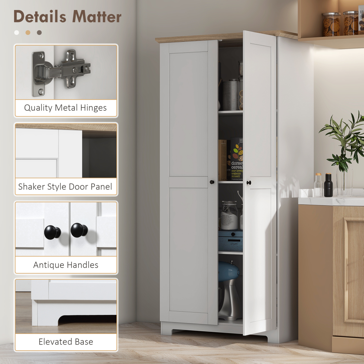 172cm White Wooden Storage Cabinet Cupboard with 2 Doors and 4 Shelves