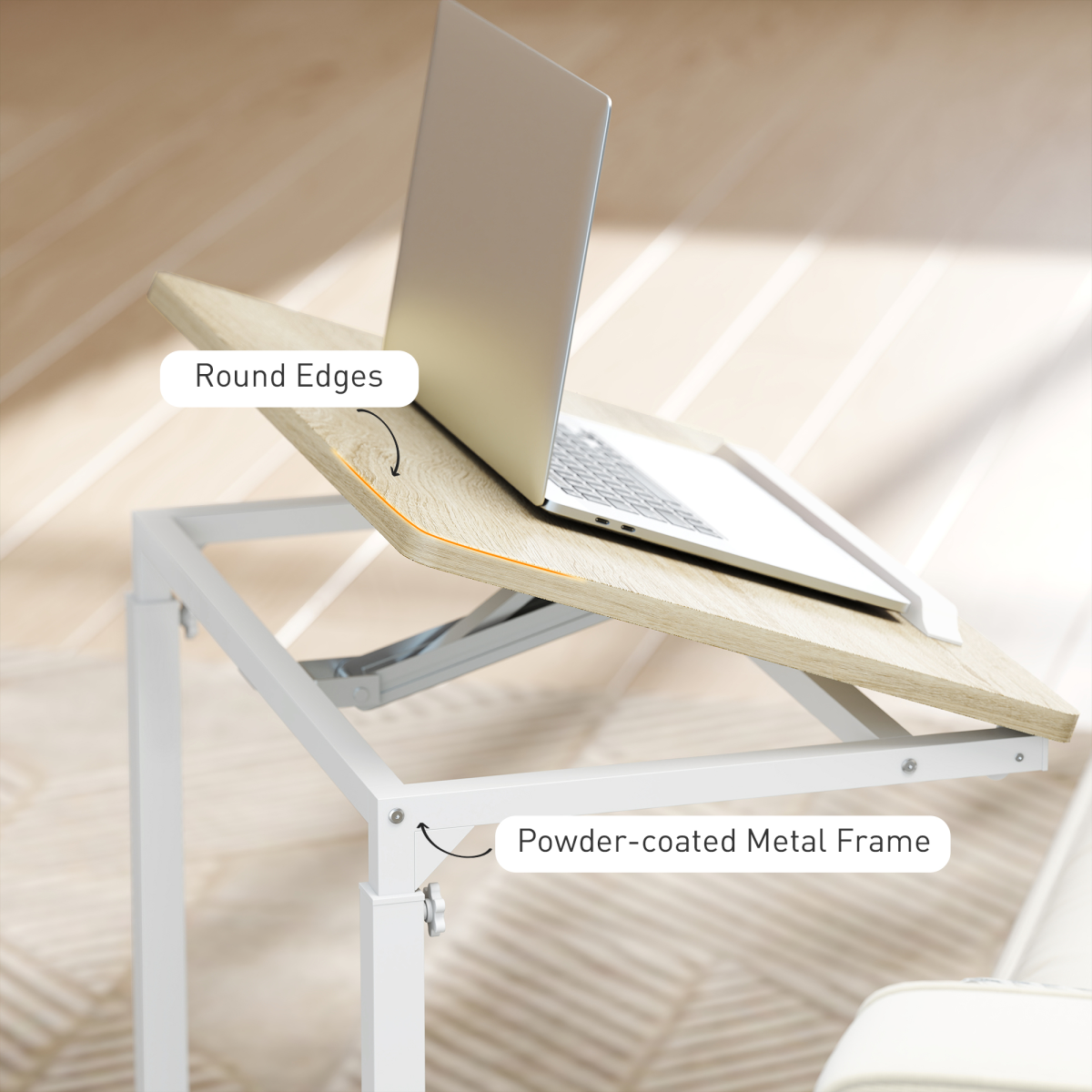 HOMCOM Height Adjustable C-Shaped Side Table with Casters, Oak