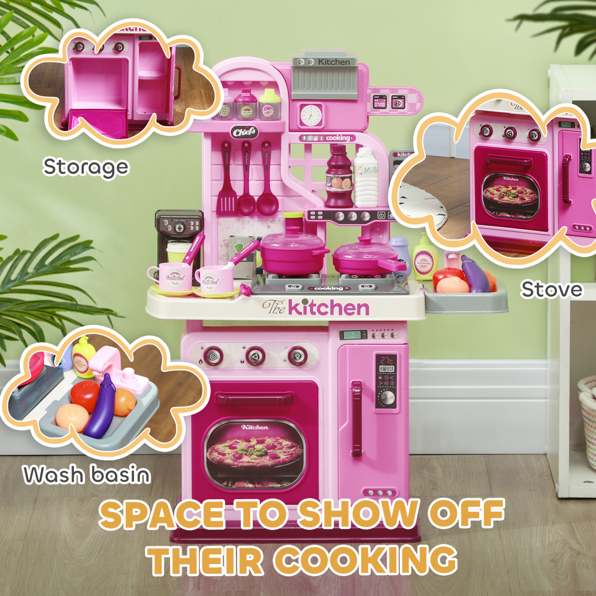 AIYAPLAY Kids Kitchen Playset, 33-Piece, Lights, Sounds, Storage