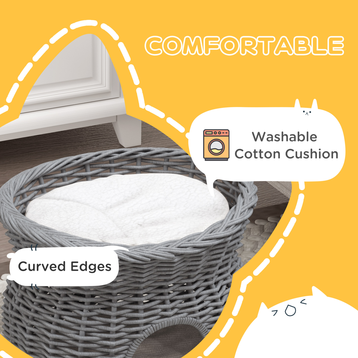 PawHut 2-Tier Elevated Willow Pet Cushion Bed with Washable Cushions, Grey