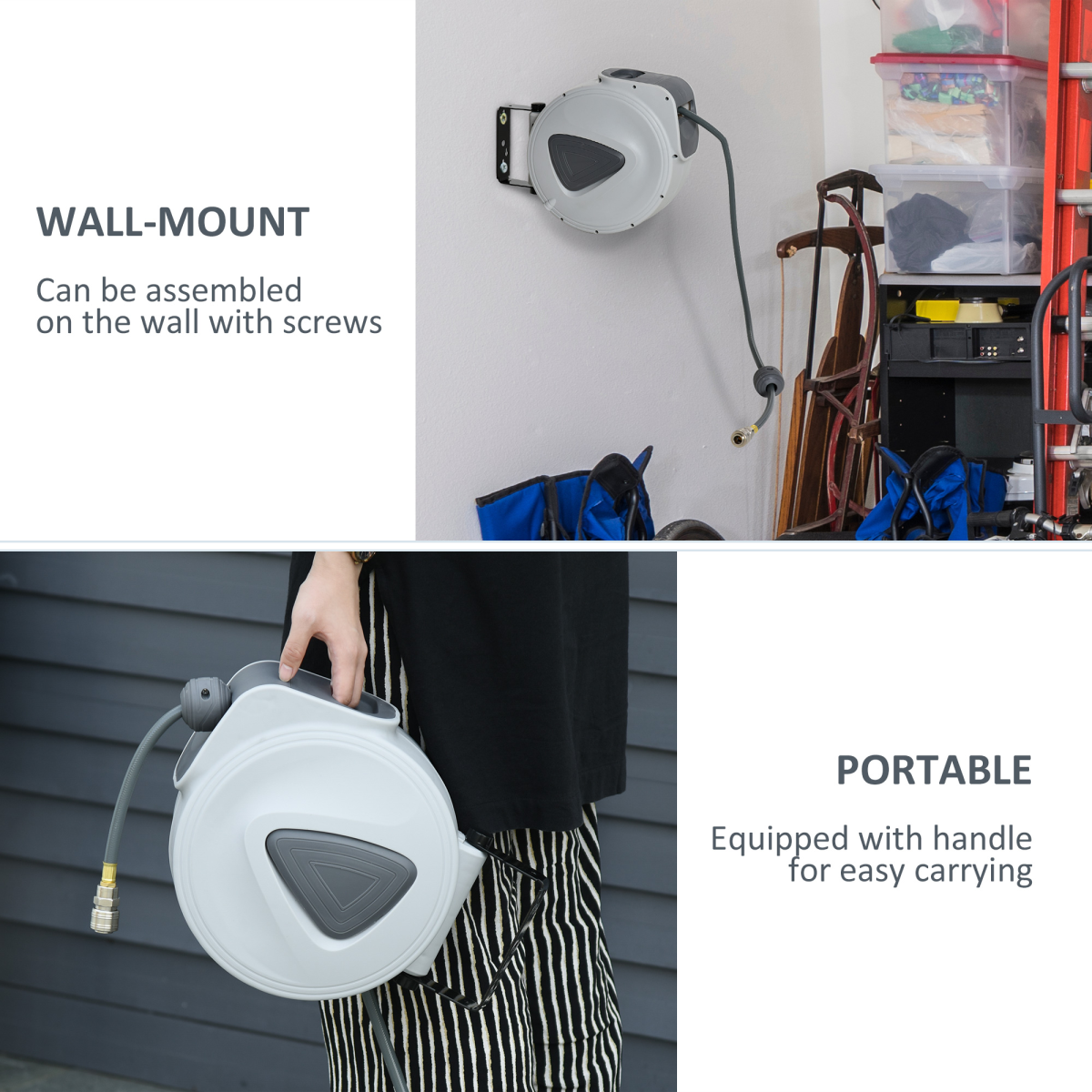 DURHAND Retractable Auto Air Hose Reel 10m + 90cm Lead Hose, 3/8 in (9.5 mm) Hose, 1/4 in Connector