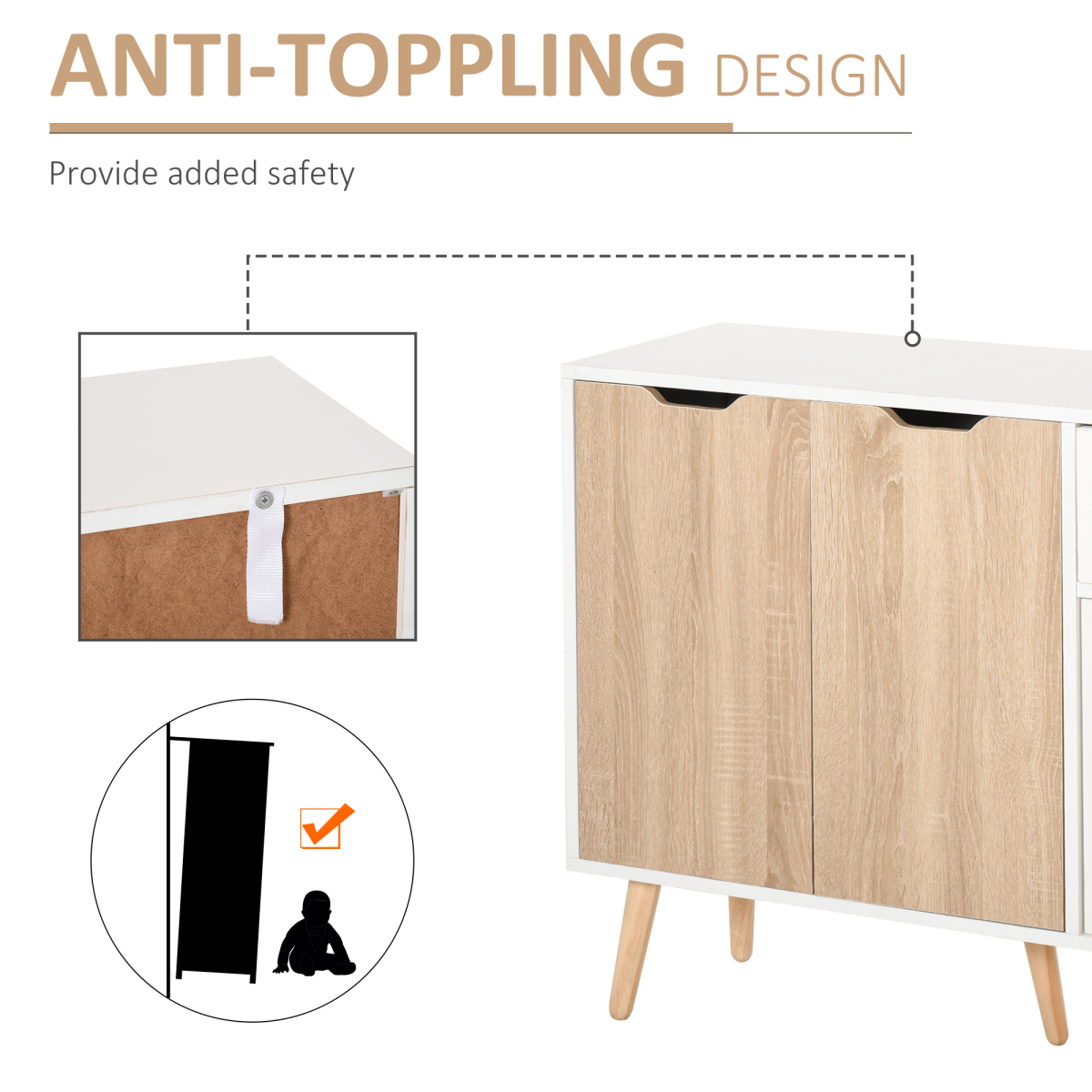 Modern Scandinavian Storage Cabinet Sideboard with Drawer, 4-Part Storage, Wood Legs, Bedroom, Living Room, Home Office