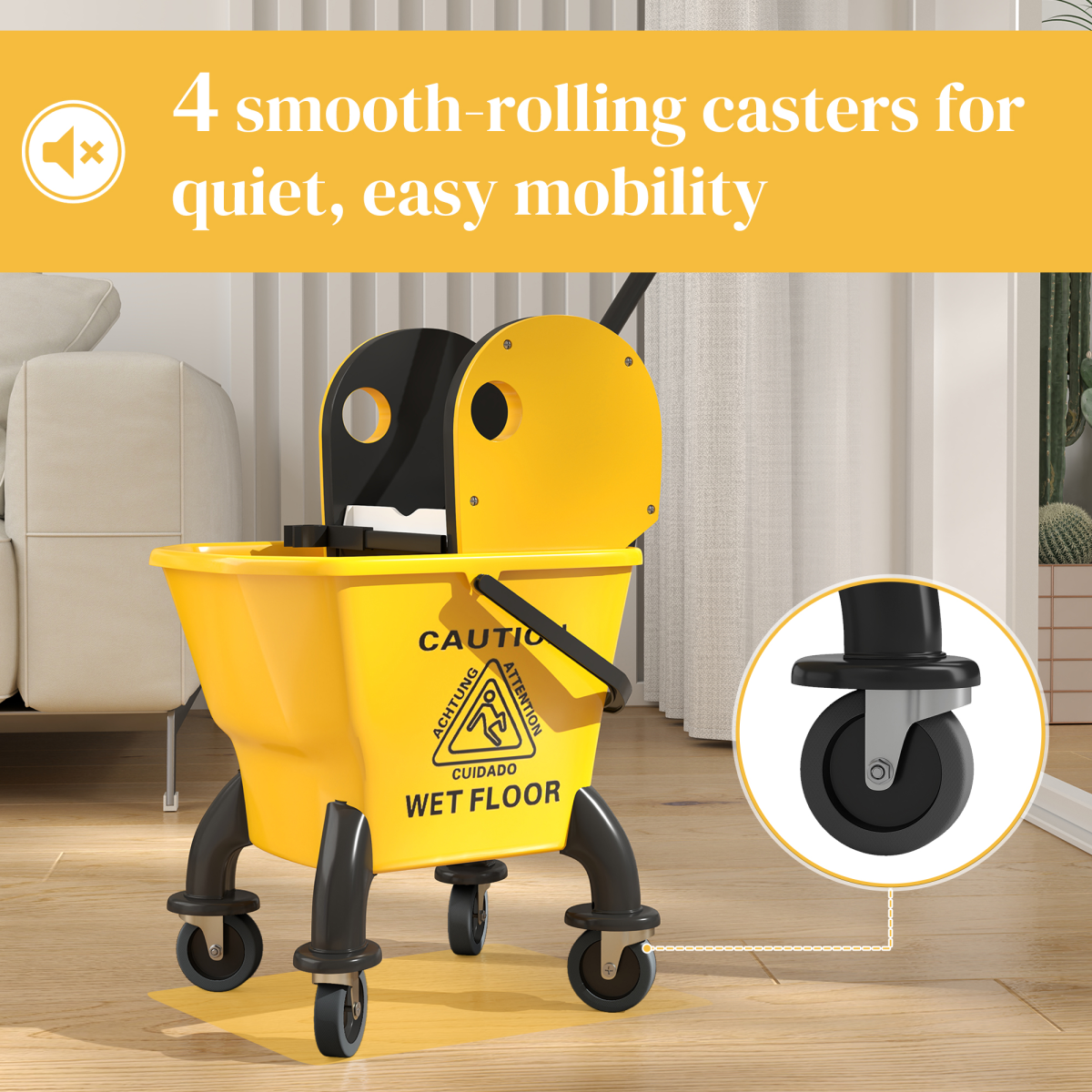 HOMCOM 26L Mop Bucket with Wringer, Wheels, Mop Included, Yellow