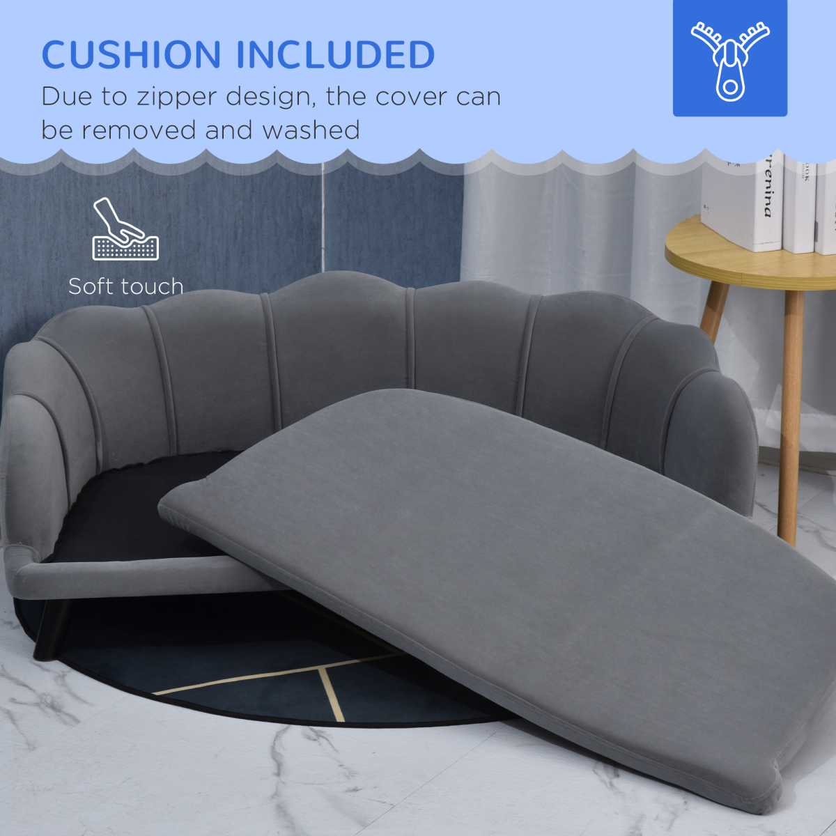 PawHut Grey Dog Sofa Bed with Cushion and Wooden Legs for Medium and Large Dogs