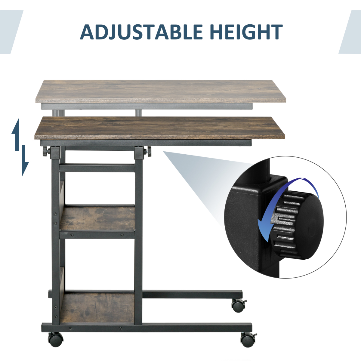 Adjustable C-Shaped Mobile Sofa Side Table with 3-Tier and Brakes