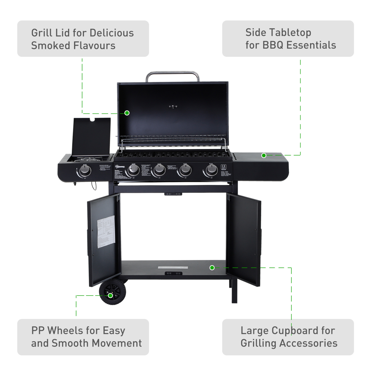 Outsunny 4+1 Gas BBQ Grill with 4 Stainless Steel Burners, Aluminium Side Burner, Lid, Thermometer, Wheels, Steel Black