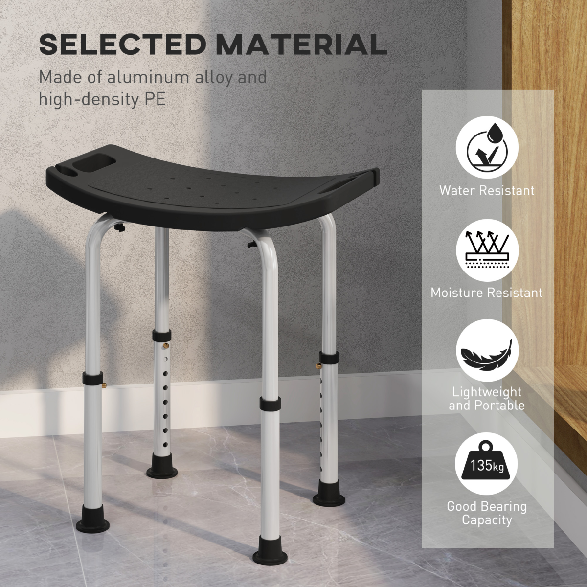HOMCOM Adjustable Height Non-Slip Aluminium Shower Stool, Black