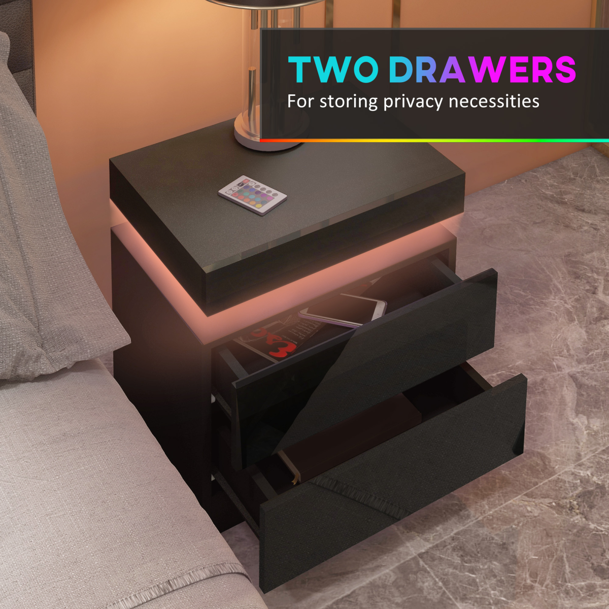 HOMCOM High Gloss LED Bedside Table with 2 Drawers, Black