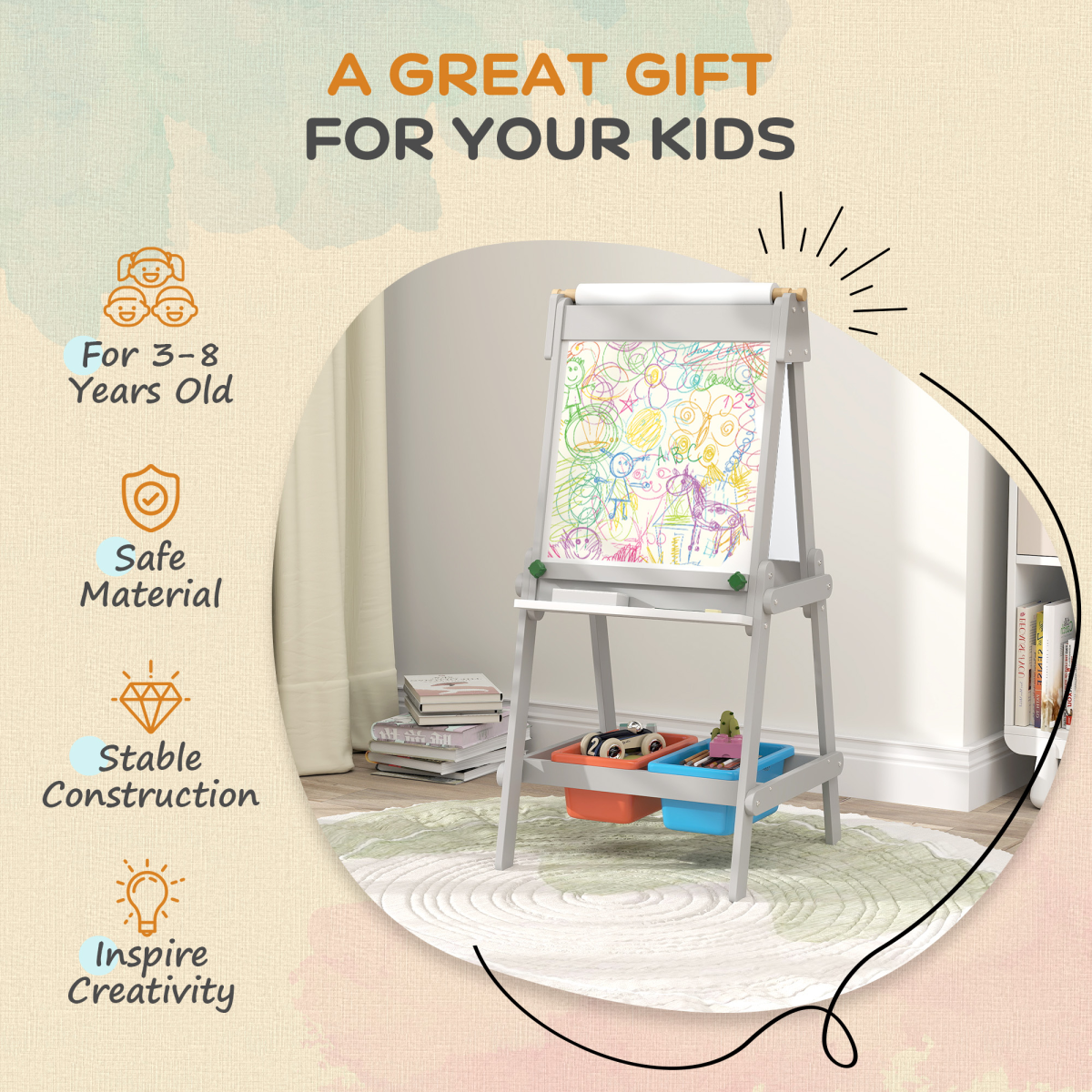 AIYAPLAY 3-in-1 Double-Sided Kids Art Easel with Paper Roll