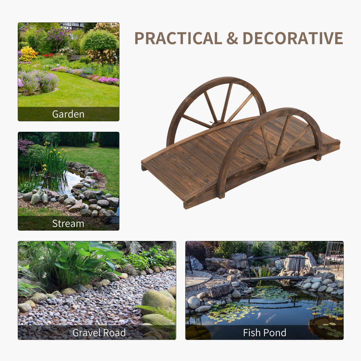 Outsunny Solid Fir Wood Garden Bridge with Curved Rails, Brown