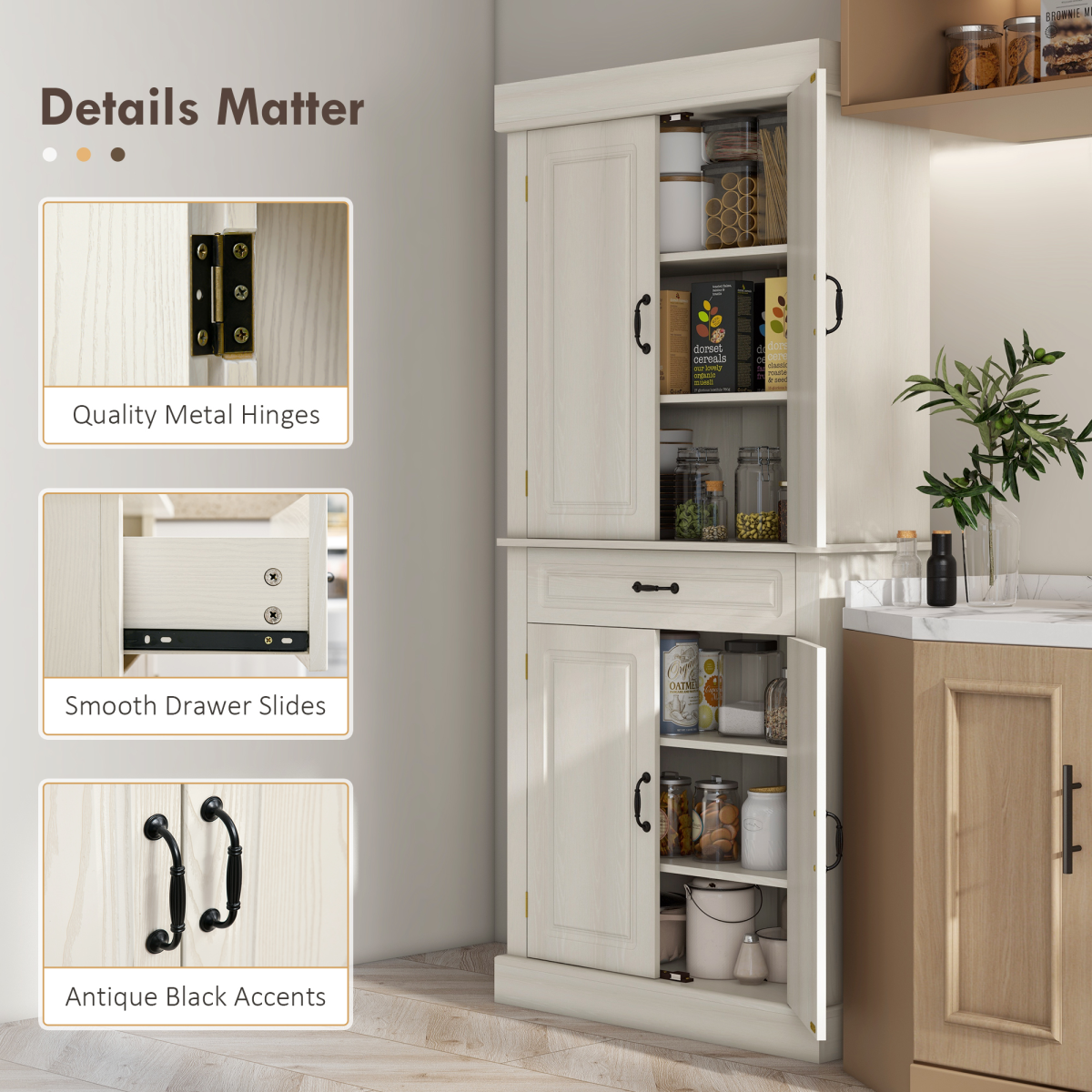 HOMCOM 180cm White Kitchen Pantry Storage Cabinet with Drawer and Double Doors