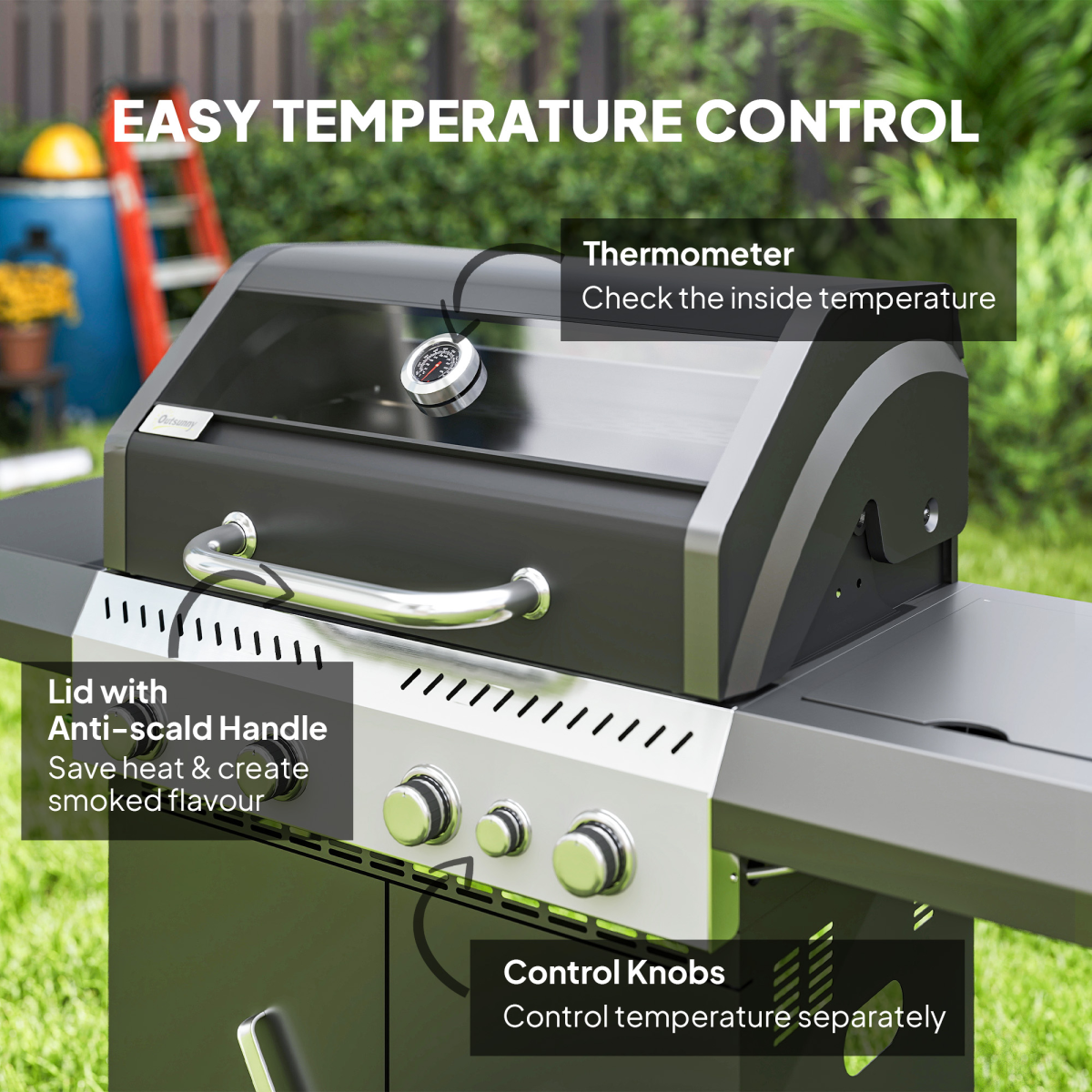 Outsunny 4+1 Burner Gas BBQ Grill with Clear View Lid & Thermometer