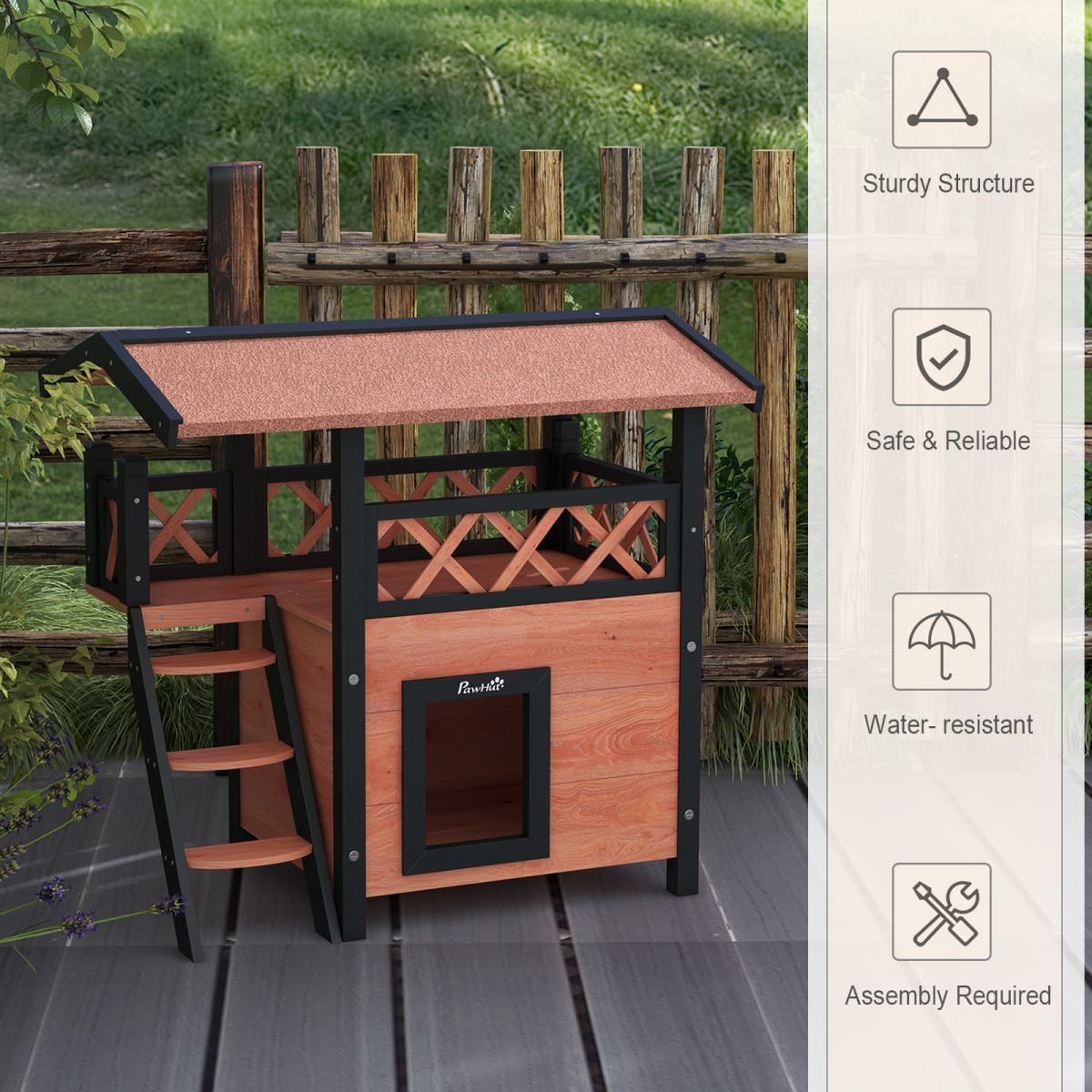 PawHut Outdoor Fir Wood Cat House with Balcony, Stairs & Roof