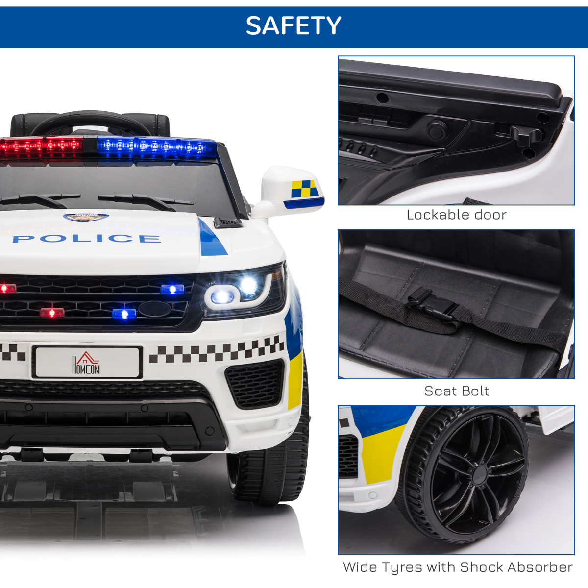 12V Kids Electric Ride On Police Car with Remote Control, Siren, Bluetooth, Lights, 3-6 Years