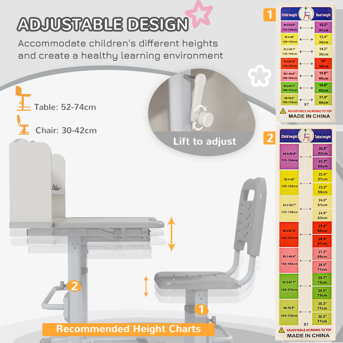 ZONEKIZ Adjustable Kids Desk and Chair Set with Drawer & Bookshelf, Grey