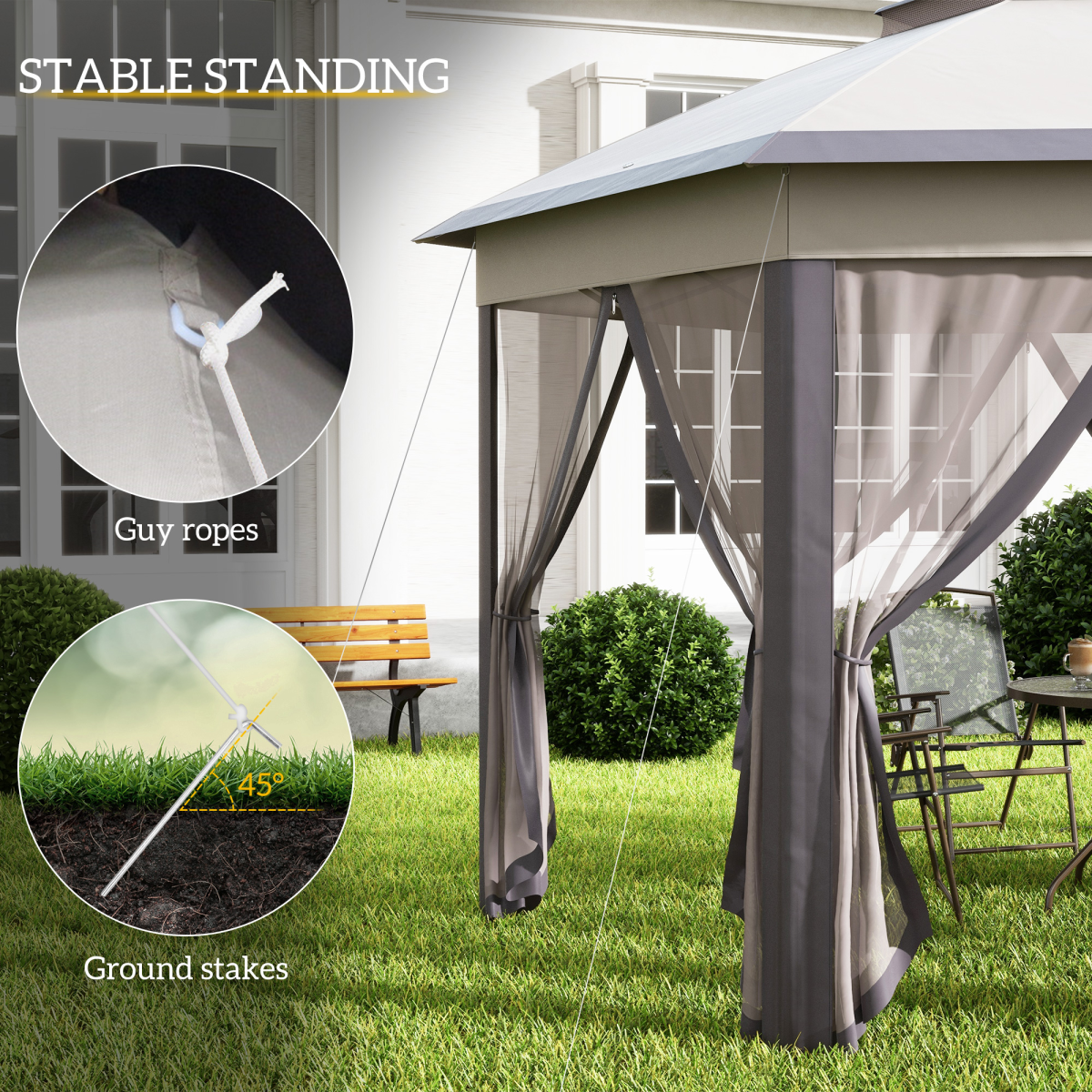 Outsunny 4.05m Metal Frame Mesh Curtain Gazebo with 2-Tier Roof Brown