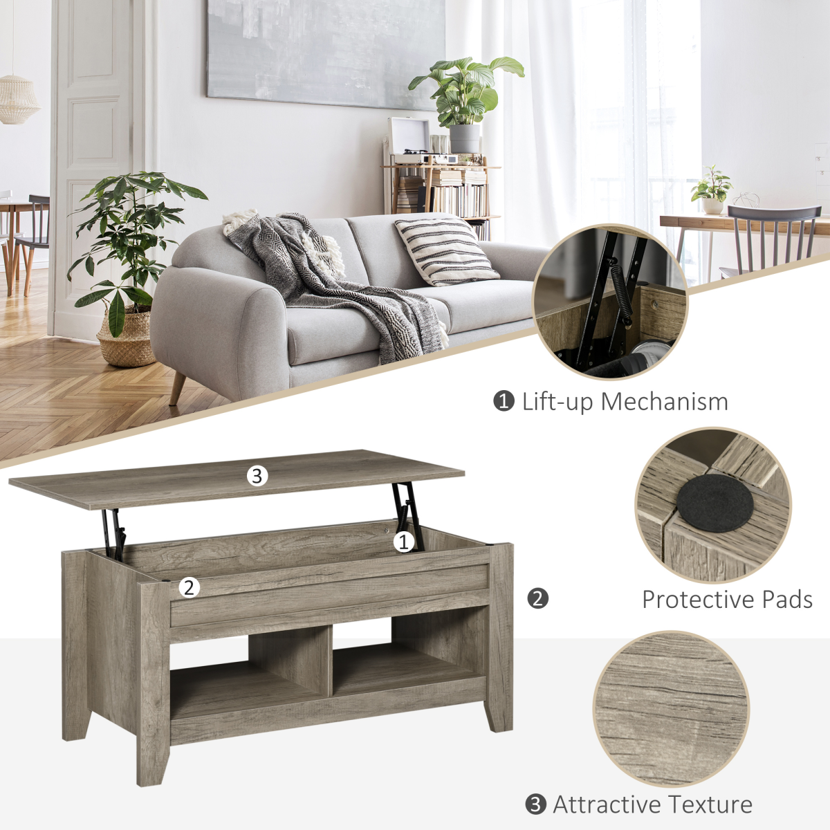 HOMCOM Oak Lift-Top Coffee Table with Hidden Storage and Shelves