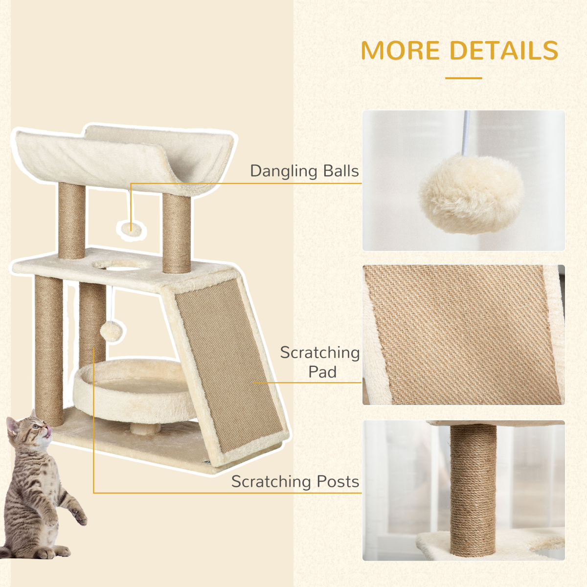 PawHut Multi-Level Cat Tree Kitten Tower with Scratching Post, Scratching Pad, Bed, Perch and Dangling Toy Balls