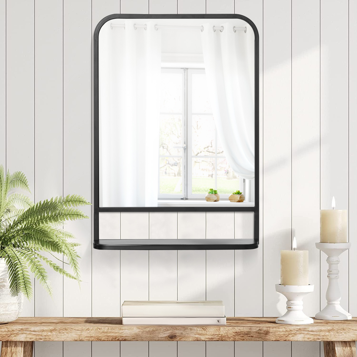 Square Wall Mirror with Shelf, 70x50 cm, Black Metal Frame